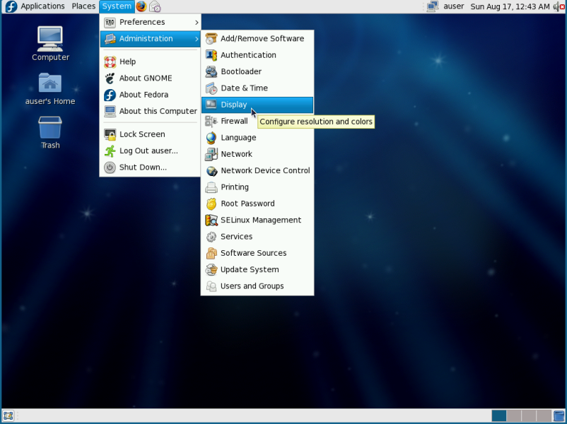 Fedora Desktop Display Configuration Menu Sequence